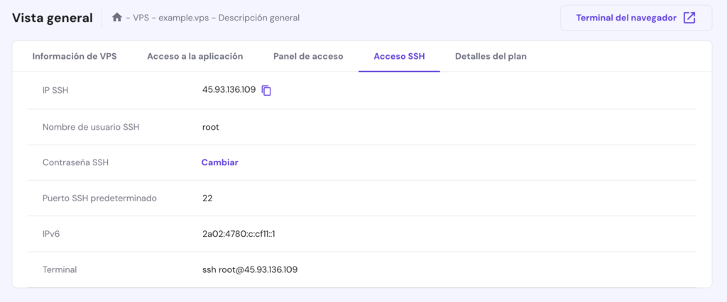 Pestaña Acceso SSH de hPanel